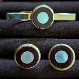Vintage Gold, Black With Mother Of Pearl Cufflinks and Tie Clip Set